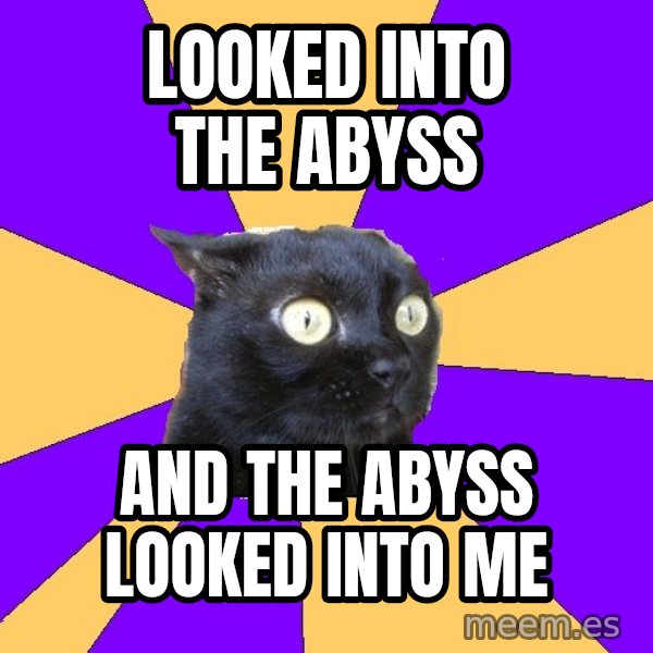 Anxiety Cat meme: looked into the abyss / and the abyss looked into me
