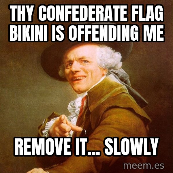 Joseph Ducreux meme: thy confederate flag bikini is offending me / remove it... slowly
