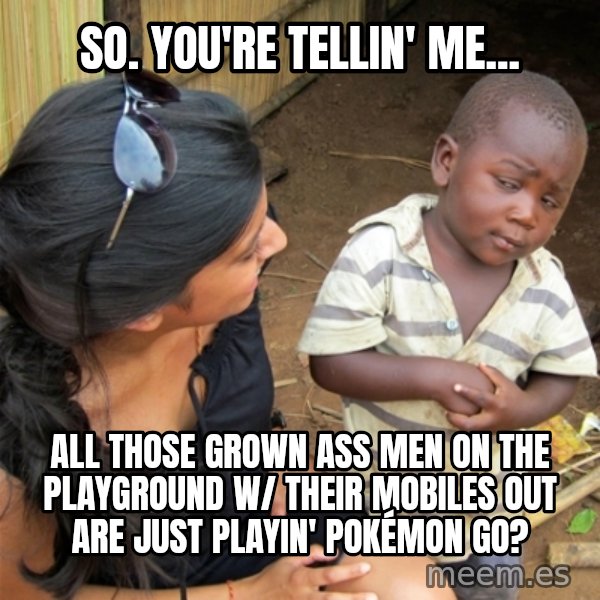 So You're Telling me meme: So. You're tellin' me... / all those grown ass men on the playground w/ their mobiles out are just playin' Pokémon GO?