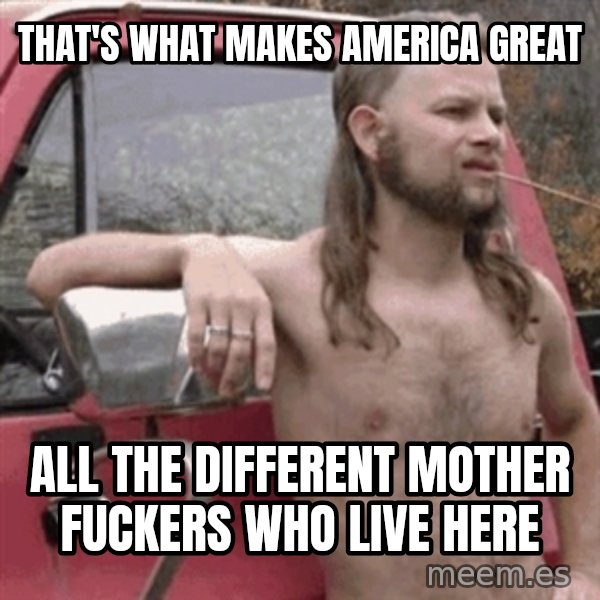 Almost Politically Correct Redneck meme: That's what makes America great / All the different mother fuckers who live here