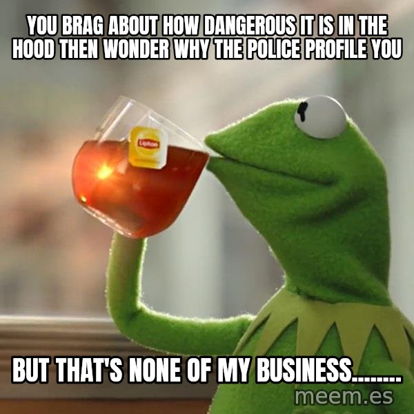 Kermit The Frog Drinking Tea meme: You brag about how dangerous it is in the hood then wonder why the police profile you / But that's none of my business........