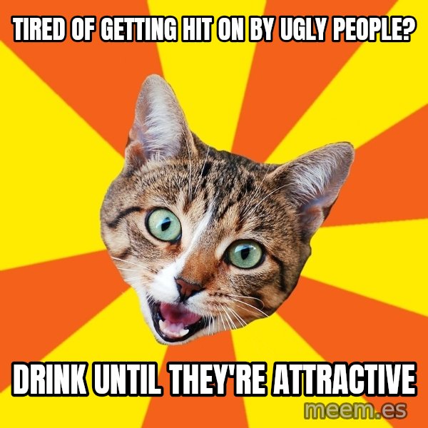 Bad Advice Cat meme: Tired of getting hit on by ugly people? / Drink until they're attractive