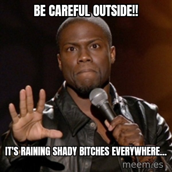 Kevin Hart meme: Be careful outside!! / It's raining shady bitches everywhere...