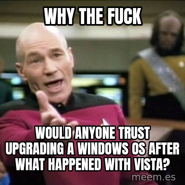 Why the fuck meme: why the fuck / would anyone trust upgrading a windows OS after what happened with Vista?