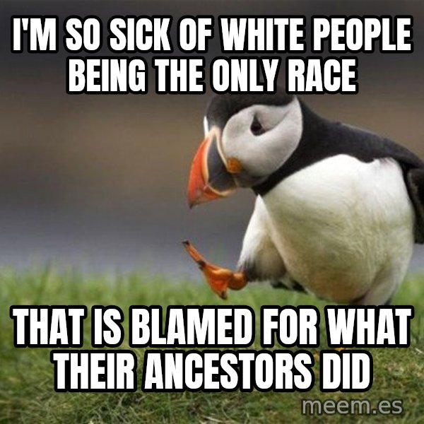 Unpopular Opinion Puffin meme: I'm so sick of white people being the only race / that is blamed for what their ancestors did