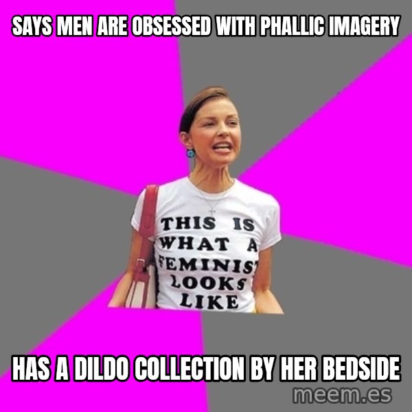 Feminist Cunt meme: says men are obsessed with phallic imagery / has a dildo collection by her bedside