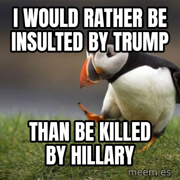Unpopular Opinion Puffin meme: i would rather be insulted by trump / than be killed by hillary