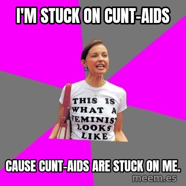 Feminist Cunt meme: I'm stuck on cunt-aids / Cause cunt-aids are stuck on me.