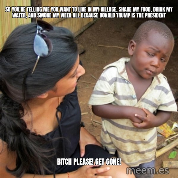 So You're Telling me meme: So you're telling me  you want to live in my village, share my food, drink my water, and smoke my weed all because Donald trump is the president / Bitch please! get gone!