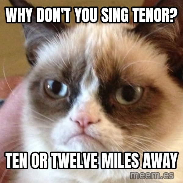 Angry Cat Meme meme: why don't you sing tenor? / ten or twelve miles away