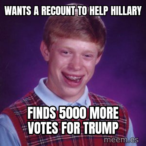 Bad Luck Brian meme: Wants a recount to help Hillary / Finds 5000 more votes for Trump