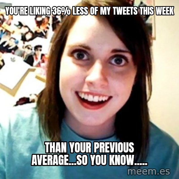 Overly Obsessed Girlfriend meme: You're liking 36% less of my tweets this week / than your previous average...so you know.....