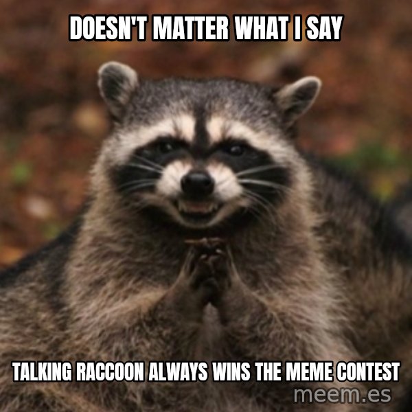 evil raccoon meme: Doesn't matter what I say / Talking raccoon always wins the meme contest