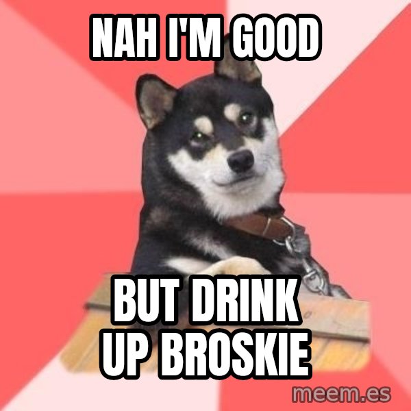 Cool Dog meme: Nah I'm good / But drink up broskie