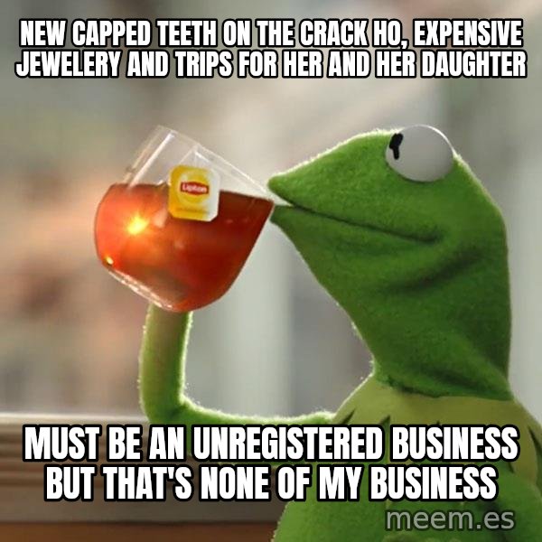 Kermit The Frog Drinking Tea meme: New capped teeth on the crack ho, expensive jewelery and trips for her and her daughter / Must be an unregistered business but that's none of my business