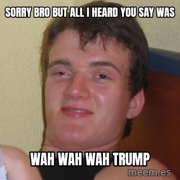 high/drunk guy meme: Sorry bro but all I heard you say was / Wah wah wah Trump