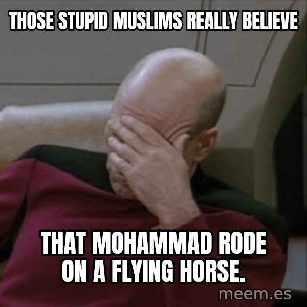 Picardfacepalm meme: those stupid muslims really believe / that  mohammad rode on a flying horse.