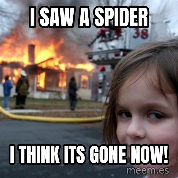 Disaster Girl meme: I saw a spider / I think its gone now!