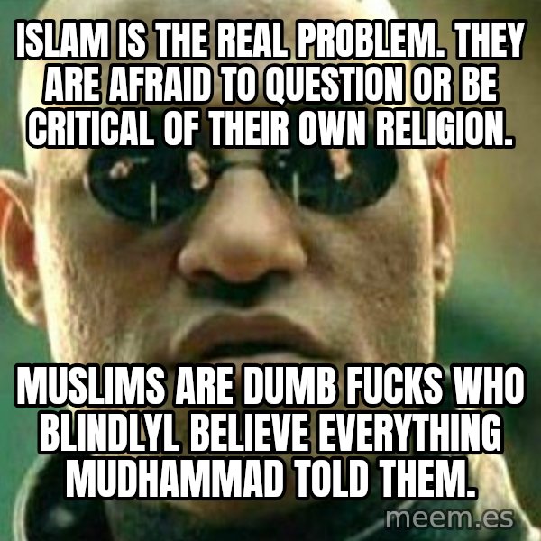 What If I Told You meme: islam is the real problem.  They are afraid to question or be critical of their own religion. / muslims are dumb fucks who blindlyl believe everything mudhammad told them.