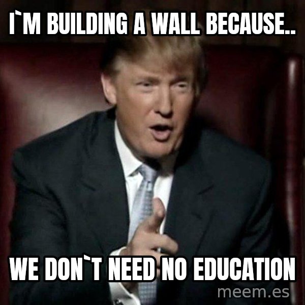 Donald Trump meme: I`m building a wall because.. / we don`t need no education