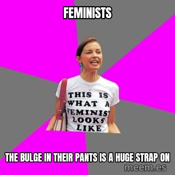 Feminist Cunt meme: feminists / the bulge in their pants is a huge strap on