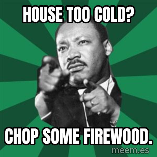Martin Luther King jr.  meme: house too cold? / chop some firewood.