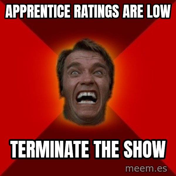 Angry Arnold meme: apprentice ratings are low / terminate the Show