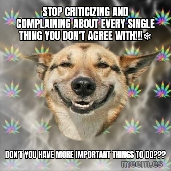Stoner Dog meme: Stop criticizing and complaining about every single thing you don't agree with!!!❄ / Don't you have more important things to do???