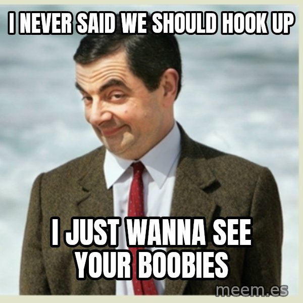 MR bean meme: I never said we should hook up / I just wanna see your boobies