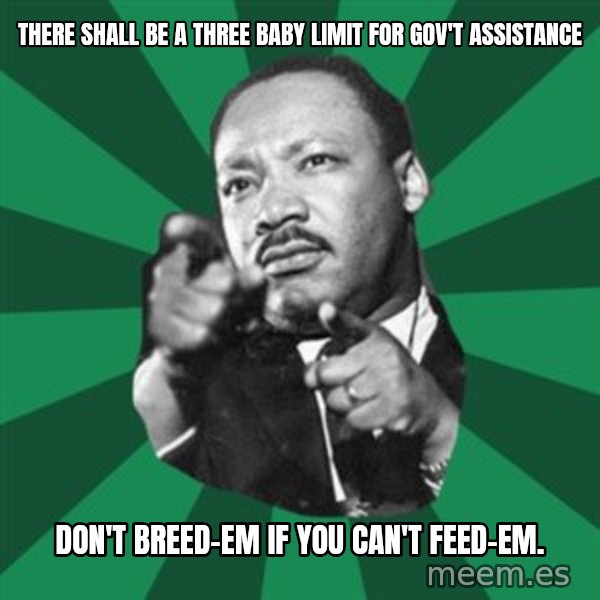 Martin Luther King jr.  meme: there shall be a three baby limit for gov't assistance / Don't breed-em if you can't feed-em.