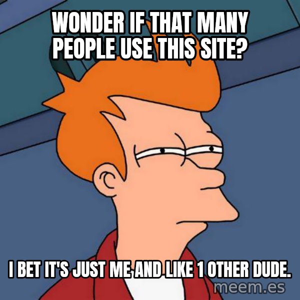 Futurama Fry meme: Wonder if that many people use this site? / I bet it's just me and like 1 other dude.
