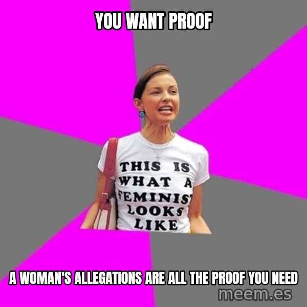 Feminist Cunt meme: you want proof / a woman's allegations  are all the proof you need
