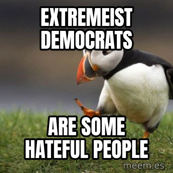 Unpopular Opinion Puffin meme: Extremeist democrats / Are some hateful people