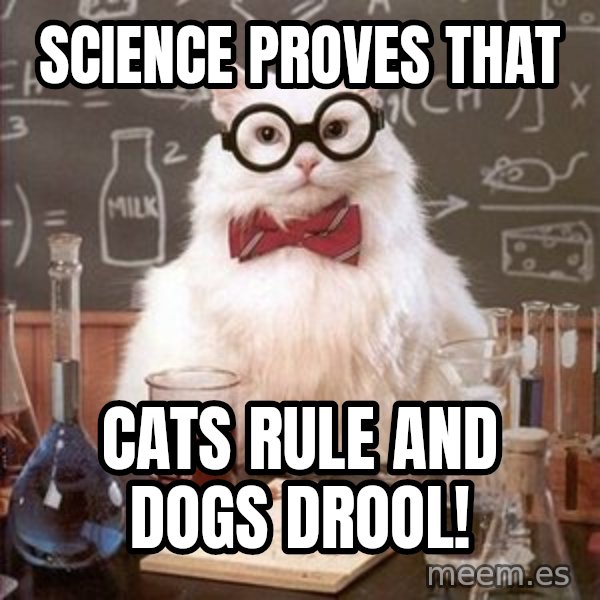 Chemistry Cat meme: Science proves that / Cats rule and dogs drool!