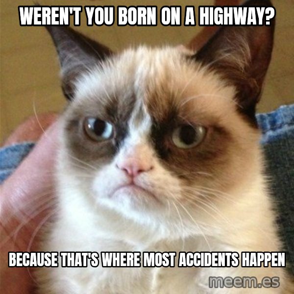 Grumpy Cat  meme: weren't you born on a highway? / because that's where most accidents happen