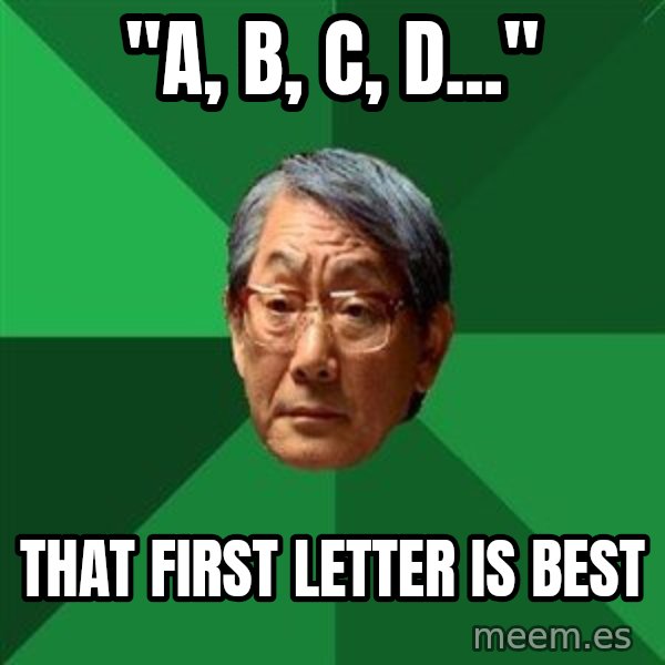 High Expectations Asian Father meme: "A, B, C, D..." / That first letter is best