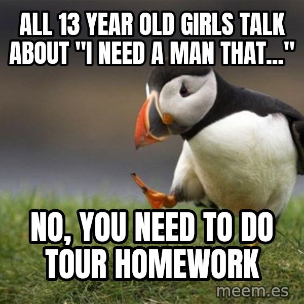 Unpopular Opinion Puffin meme: All 13 year old girls talk about "I need a man that..." / No, you need to do tour homework