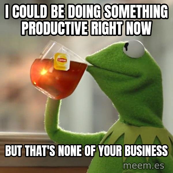Kermit The Frog Drinking Tea meme: I Could be doing something productive right now / But that's None of your business