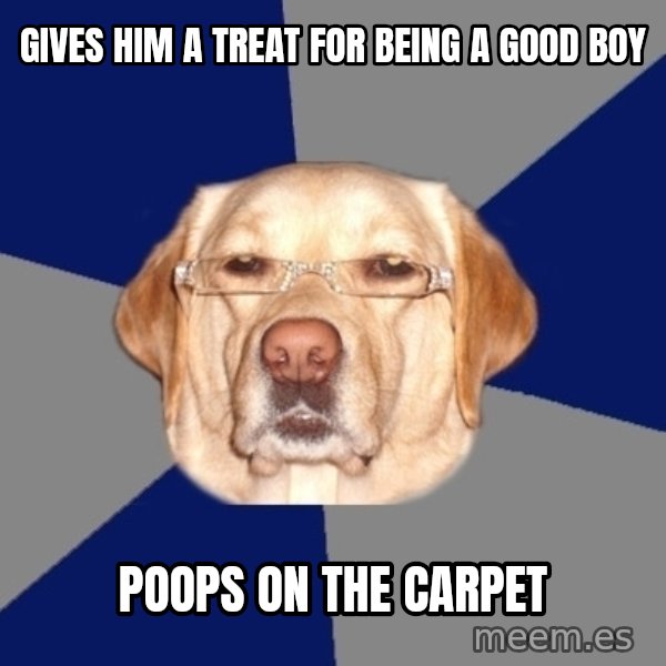 Racist Dog meme: gives him a treat for being a good boy / poops on the carpet
