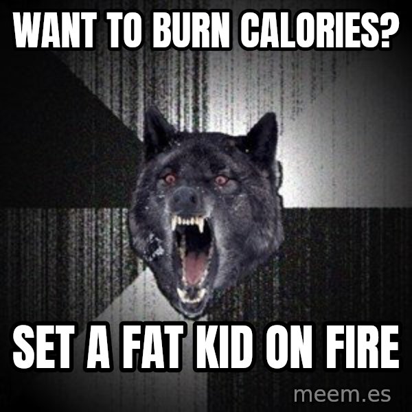 Insanity Wolf meme: want to burn calories? / set a fat kid on fire