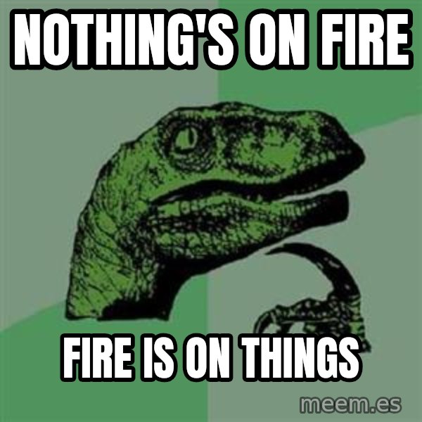 Philosoraptor meme: Nothing's on fire / fire is on things