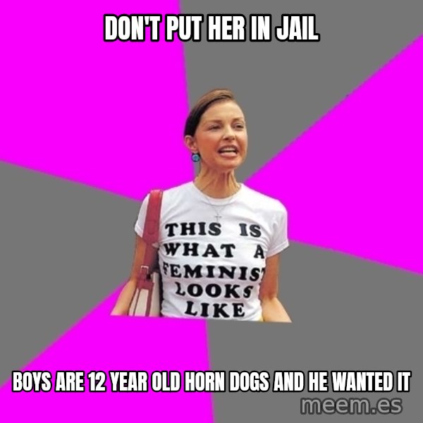 Feminist Cunt meme: Don't put her in jail / boys are 12 year old horn dogs and he wanted it