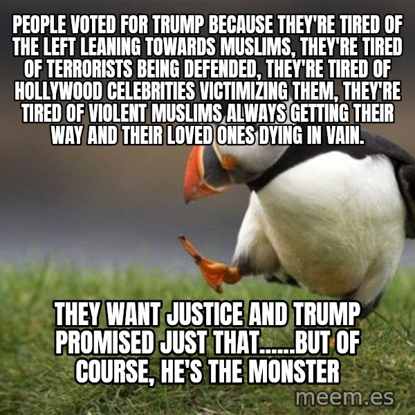 Unpopular Opinion Puffin meme: people voted for trump because they're tired of the left leaning towards Muslims, they're tired of terrorists being defended, they're tired of Hollywood celebrities victimizing them, they're tired of violent Muslims ALWAYS getting their way and their loved ones dying in vain. / they want justice and trump promised just that......but of course, he's the monster