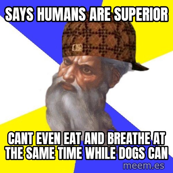Scumbag God meme: says humans are superior / cant even eat and breathe at the same time while dogs can