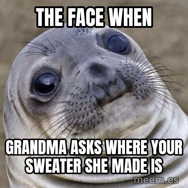 Awkward Seal meme: the face when / grandma asks where your sweater she made is