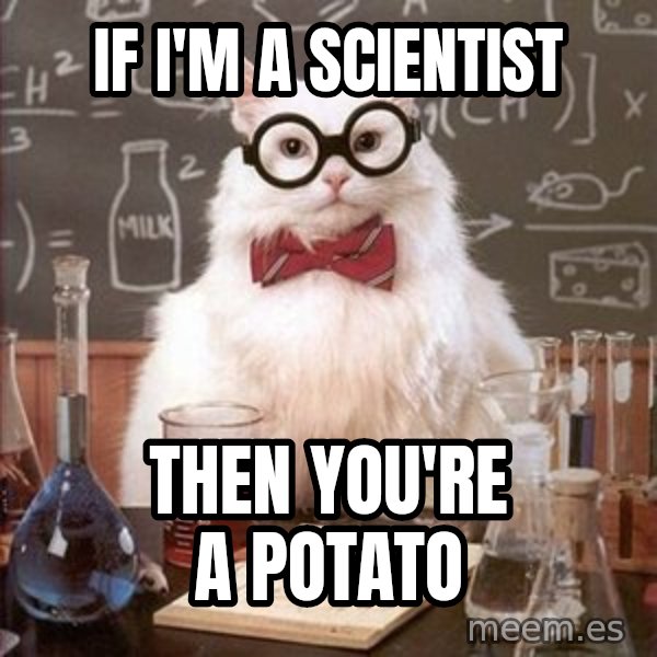 Chemistry Cat meme: If i'm a scientist / Then you're a potato