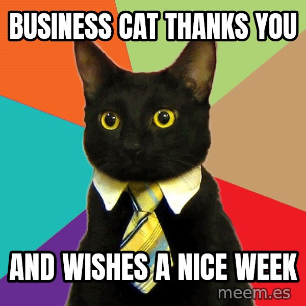 Business Cat meme: BUSINESS CAT THANKS YOU / AND WISHES a NICE WEEK