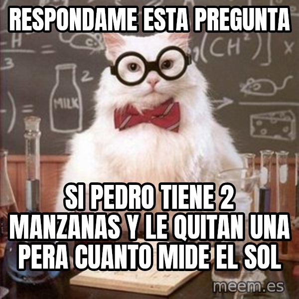 Chemistry Cat meme: respondame esta pregunta / si pedro tiene 2 manzanas y le quitan una pera cuanto mide el sol