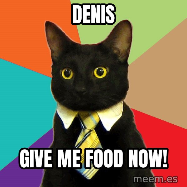 Business Cat meme: DENIS / GIVE ME FOOD NOW!