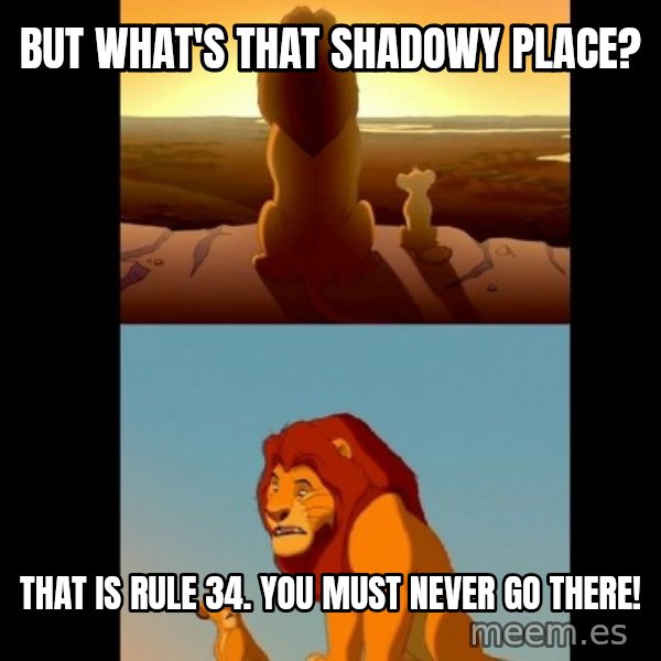 Lion King Shadowy Place meme: but what's that shadowy place? / That is rule 34. YOU MUST NEVER GO THERE!